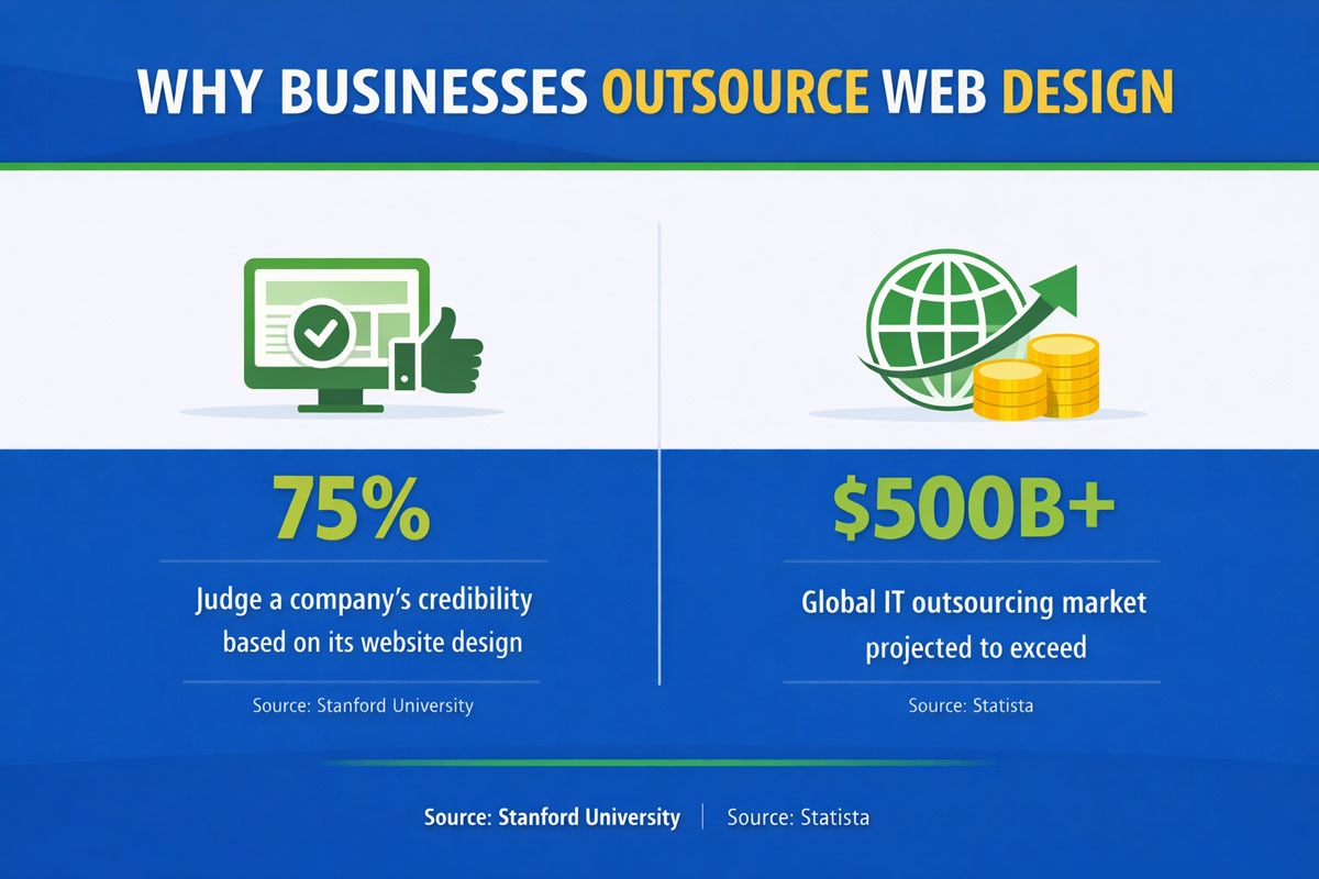 Benefits of outsourcing web design including cost efficiency, expert skills, and faster development