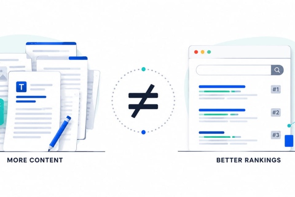 Illustration showing that creating more AI-generated content does not automatically lead to better search rankings, emphasizing quality over content volume for SEO success.